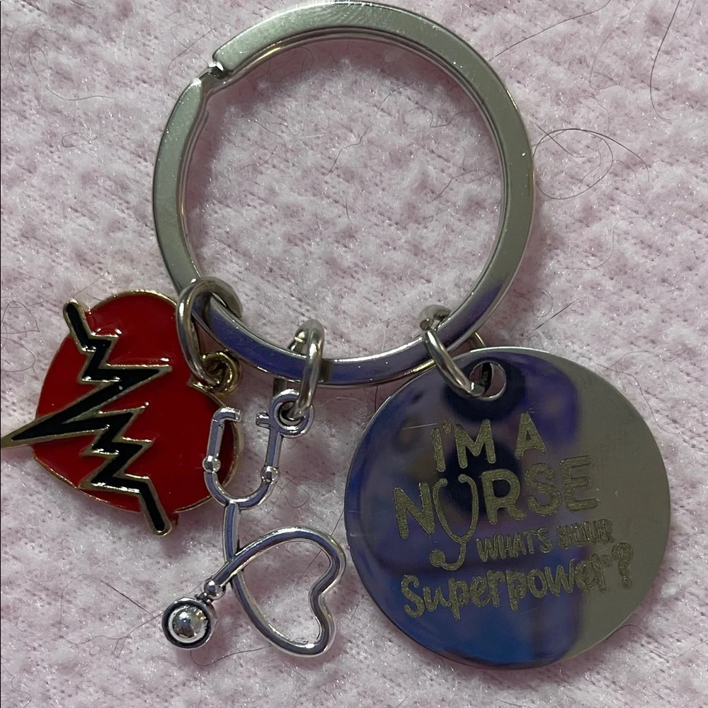Keychain with Nurse Red Heart and Stethoscope Charms-silver tone